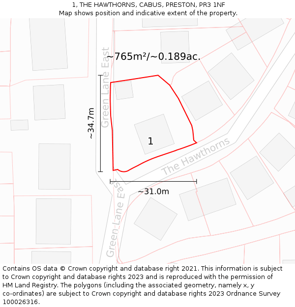 1, THE HAWTHORNS, CABUS, PRESTON, PR3 1NF: Plot and title map