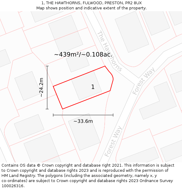 1, THE HAWTHORNS, FULWOOD, PRESTON, PR2 8UX: Plot and title map