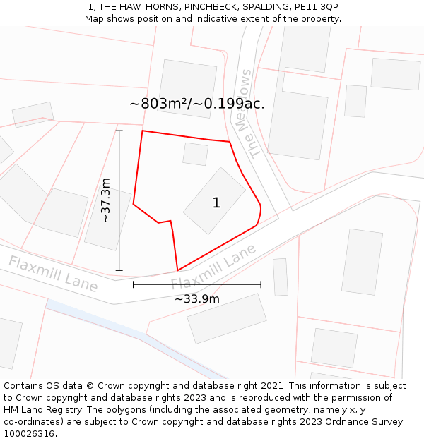 1, THE HAWTHORNS, PINCHBECK, SPALDING, PE11 3QP: Plot and title map