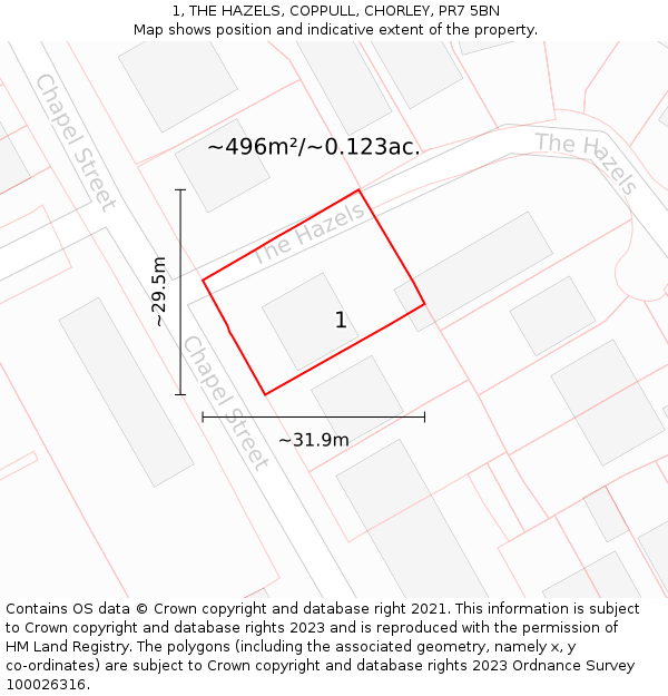 1, THE HAZELS, COPPULL, CHORLEY, PR7 5BN: Plot and title map