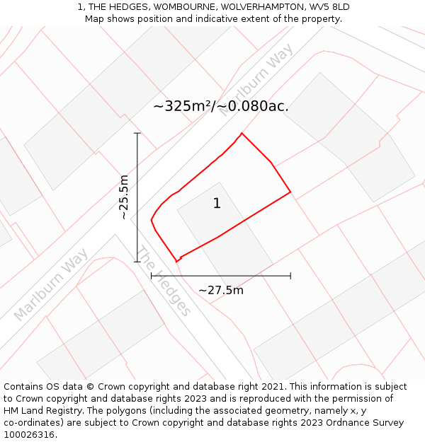 1, THE HEDGES, WOMBOURNE, WOLVERHAMPTON, WV5 8LD: Plot and title map