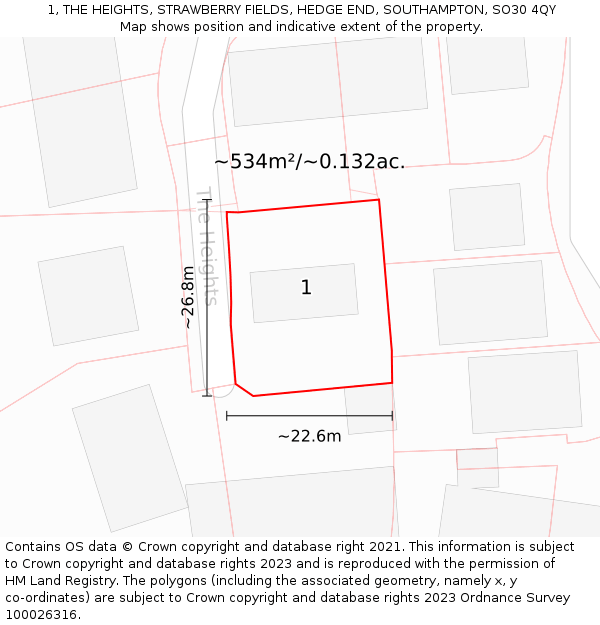 1, THE HEIGHTS, STRAWBERRY FIELDS, HEDGE END, SOUTHAMPTON, SO30 4QY: Plot and title map