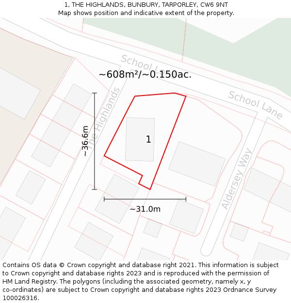 1, THE HIGHLANDS, BUNBURY, TARPORLEY, CW6 9NT: Plot and title map