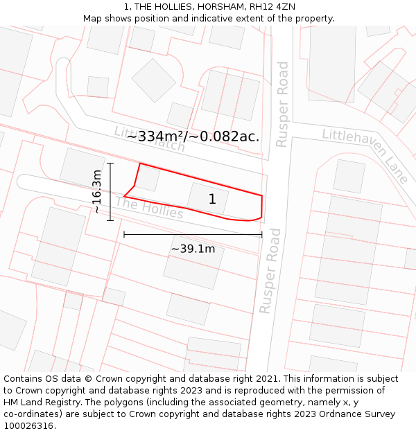 1, THE HOLLIES, HORSHAM, RH12 4ZN: Plot and title map