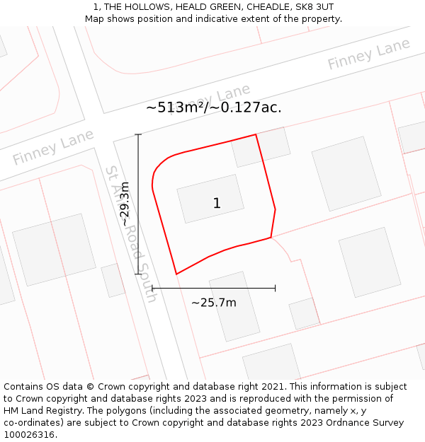 1, THE HOLLOWS, HEALD GREEN, CHEADLE, SK8 3UT: Plot and title map