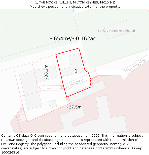 1, THE HOOKE, WILLEN, MILTON KEYNES, MK15 9JZ: Plot and title map