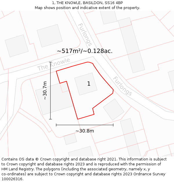 1, THE KNOWLE, BASILDON, SS16 4BP: Plot and title map