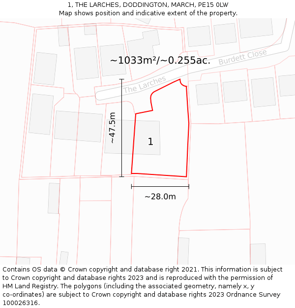 1, THE LARCHES, DODDINGTON, MARCH, PE15 0LW: Plot and title map