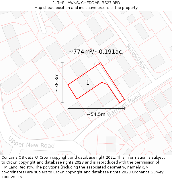 1, THE LAWNS, CHEDDAR, BS27 3RD: Plot and title map