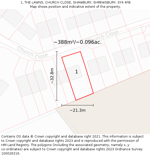 1, THE LAWNS, CHURCH CLOSE, SHAWBURY, SHREWSBURY, SY4 4FB: Plot and title map