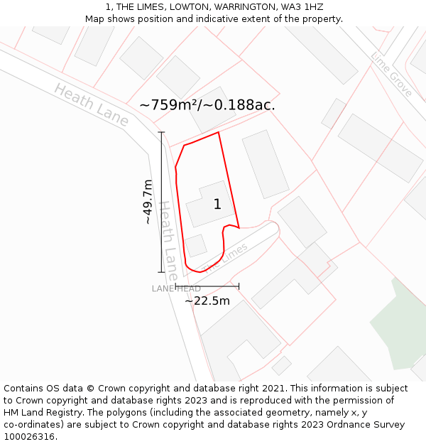 1, THE LIMES, LOWTON, WARRINGTON, WA3 1HZ: Plot and title map