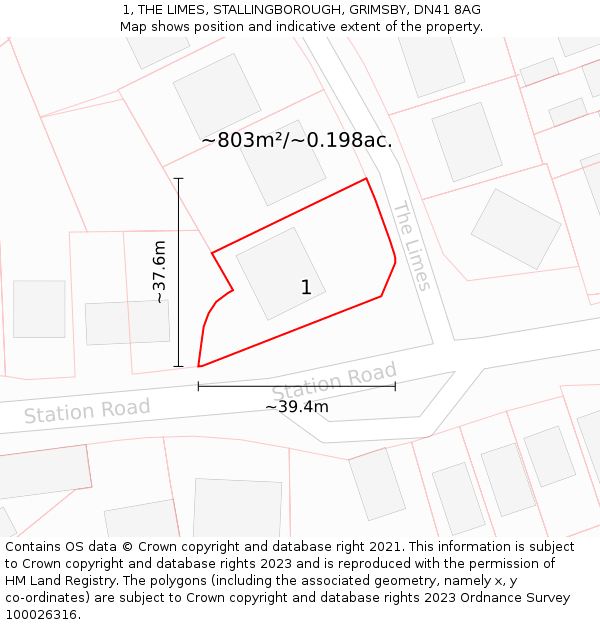 1, THE LIMES, STALLINGBOROUGH, GRIMSBY, DN41 8AG: Plot and title map