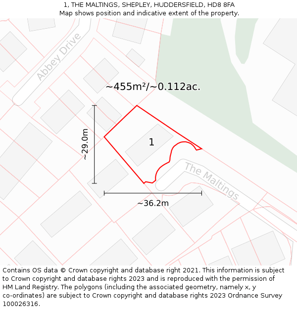 1, THE MALTINGS, SHEPLEY, HUDDERSFIELD, HD8 8FA: Plot and title map