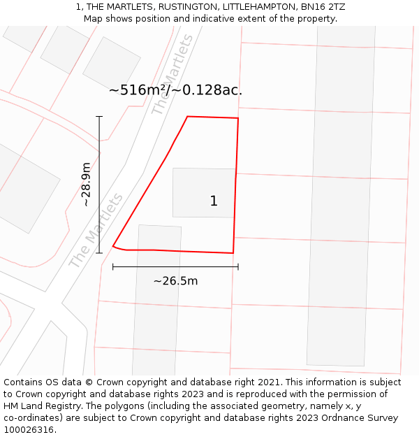 1, THE MARTLETS, RUSTINGTON, LITTLEHAMPTON, BN16 2TZ: Plot and title map