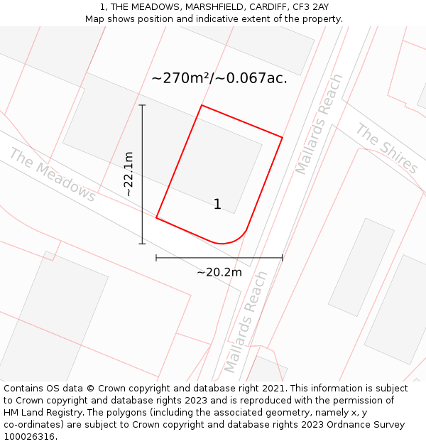 1, THE MEADOWS, MARSHFIELD, CARDIFF, CF3 2AY: Plot and title map