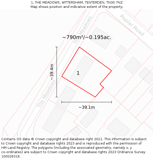 1, THE MEADOWS, WITTERSHAM, TENTERDEN, TN30 7NZ: Plot and title map