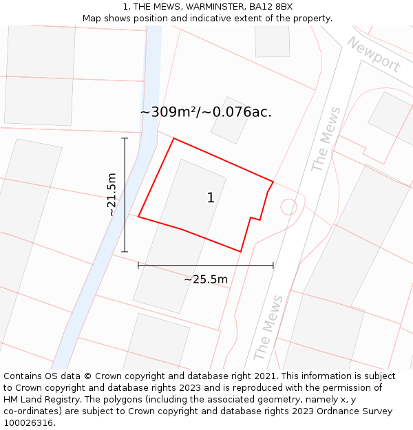 1, THE MEWS, WARMINSTER, BA12 8BX: Plot and title map