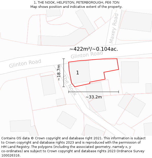 1, THE NOOK, HELPSTON, PETERBOROUGH, PE6 7DN: Plot and title map
