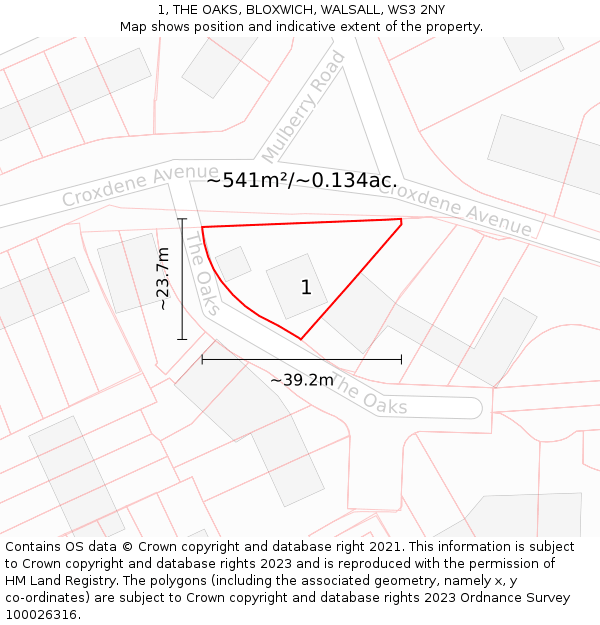 1, THE OAKS, BLOXWICH, WALSALL, WS3 2NY: Plot and title map
