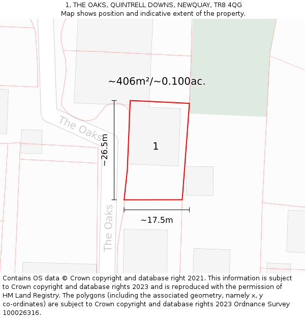 1, THE OAKS, QUINTRELL DOWNS, NEWQUAY, TR8 4QG: Plot and title map