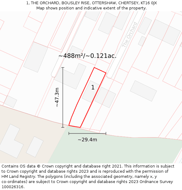 1, THE ORCHARD, BOUSLEY RISE, OTTERSHAW, CHERTSEY, KT16 0JX: Plot and title map