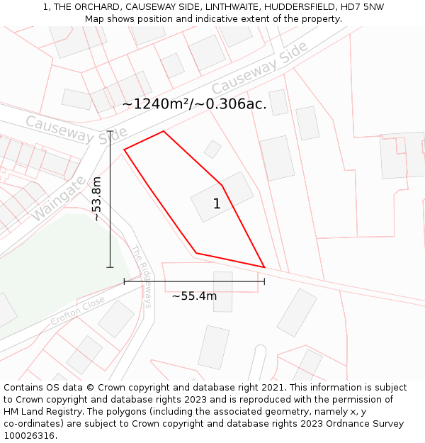 1, THE ORCHARD, CAUSEWAY SIDE, LINTHWAITE, HUDDERSFIELD, HD7 5NW: Plot and title map