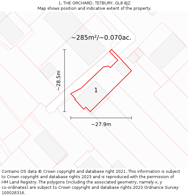1, THE ORCHARD, TETBURY, GL8 8JZ: Plot and title map