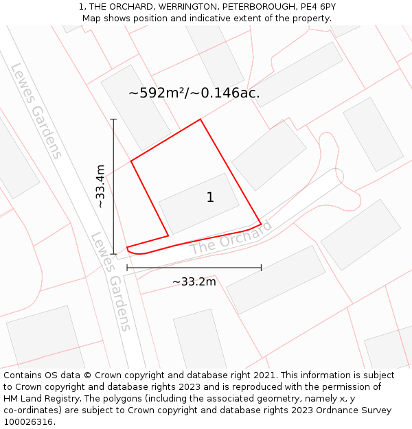 1, THE ORCHARD, WERRINGTON, PETERBOROUGH, PE4 6PY: Plot and title map
