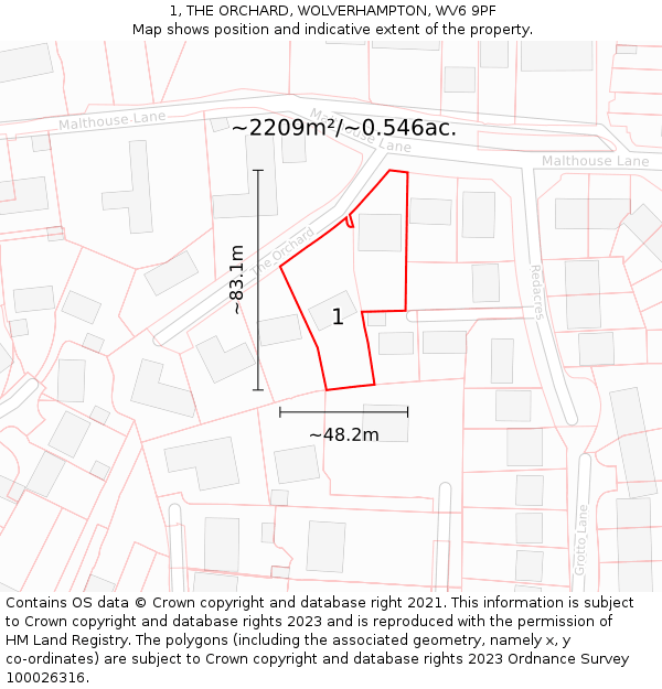 1, THE ORCHARD, WOLVERHAMPTON, WV6 9PF: Plot and title map