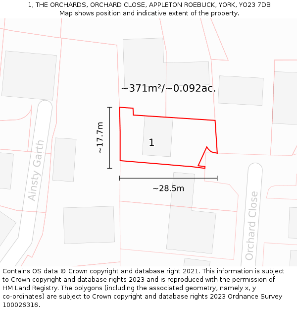 1, THE ORCHARDS, ORCHARD CLOSE, APPLETON ROEBUCK, YORK, YO23 7DB: Plot and title map