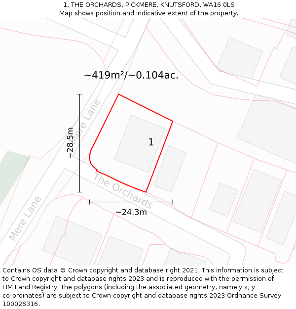 1, THE ORCHARDS, PICKMERE, KNUTSFORD, WA16 0LS: Plot and title map