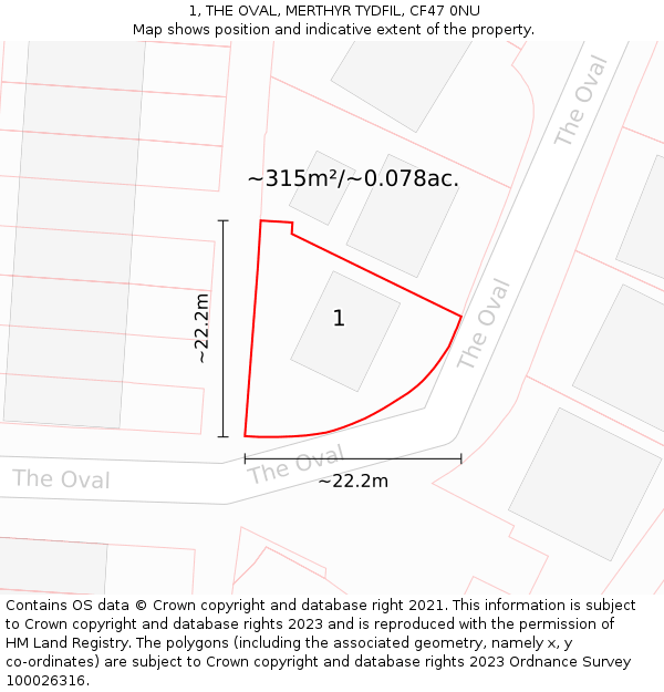 1, THE OVAL, MERTHYR TYDFIL, CF47 0NU: Plot and title map