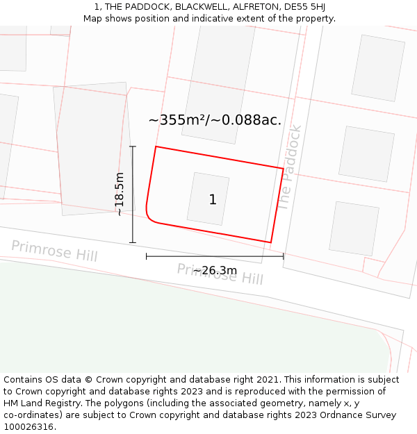 1, THE PADDOCK, BLACKWELL, ALFRETON, DE55 5HJ: Plot and title map