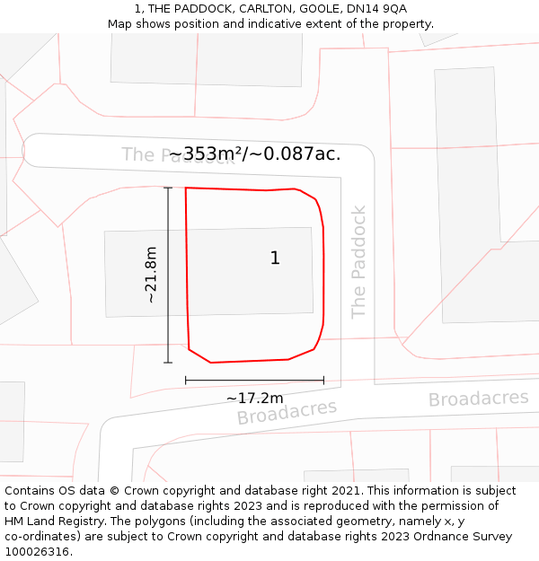 1, THE PADDOCK, CARLTON, GOOLE, DN14 9QA: Plot and title map