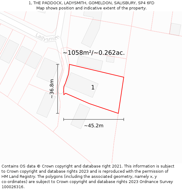 1, THE PADDOCK, LADYSMITH, GOMELDON, SALISBURY, SP4 6FD: Plot and title map