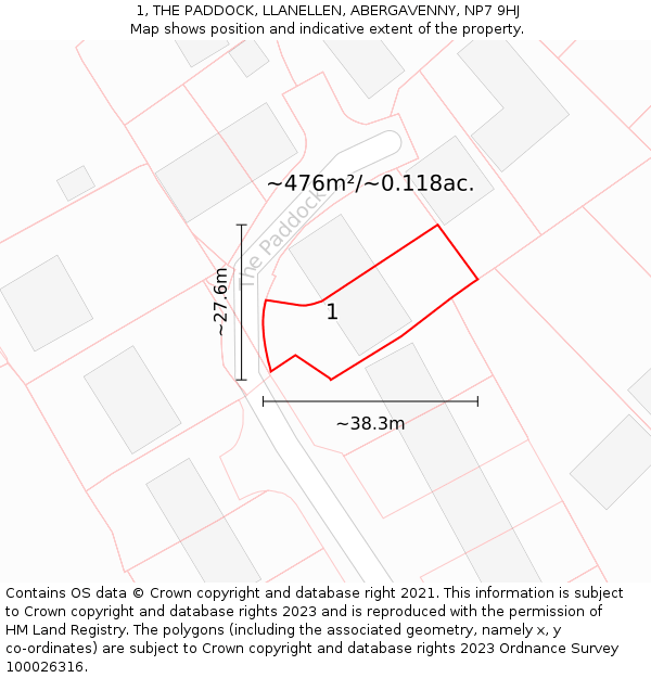 1, THE PADDOCK, LLANELLEN, ABERGAVENNY, NP7 9HJ: Plot and title map