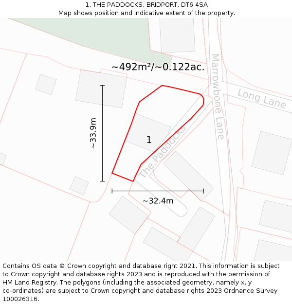 1, THE PADDOCKS, BRIDPORT, DT6 4SA: Plot and title map