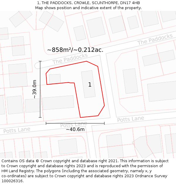 1, THE PADDOCKS, CROWLE, SCUNTHORPE, DN17 4HB: Plot and title map