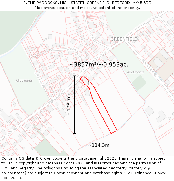 1, THE PADDOCKS, HIGH STREET, GREENFIELD, BEDFORD, MK45 5DD: Plot and title map