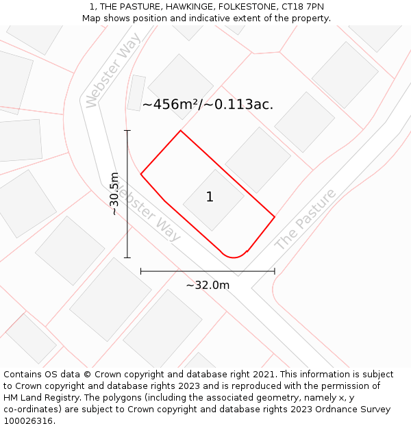 1, THE PASTURE, HAWKINGE, FOLKESTONE, CT18 7PN: Plot and title map