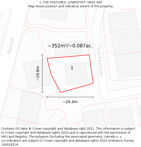 1, THE PASTURES, LOWESTOFT, NR32 4WT: Plot and title map