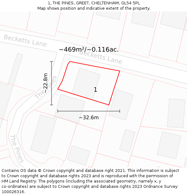 1, THE PINES, GREET, CHELTENHAM, GL54 5PL: Plot and title map