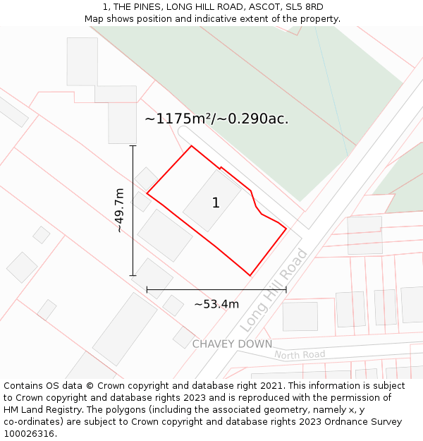 1, THE PINES, LONG HILL ROAD, ASCOT, SL5 8RD: Plot and title map