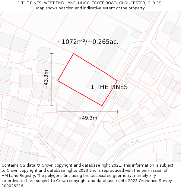 1 THE PINES, WEST END LANE, HUCCLECOTE ROAD, GLOUCESTER, GL3 3SH: Plot and title map