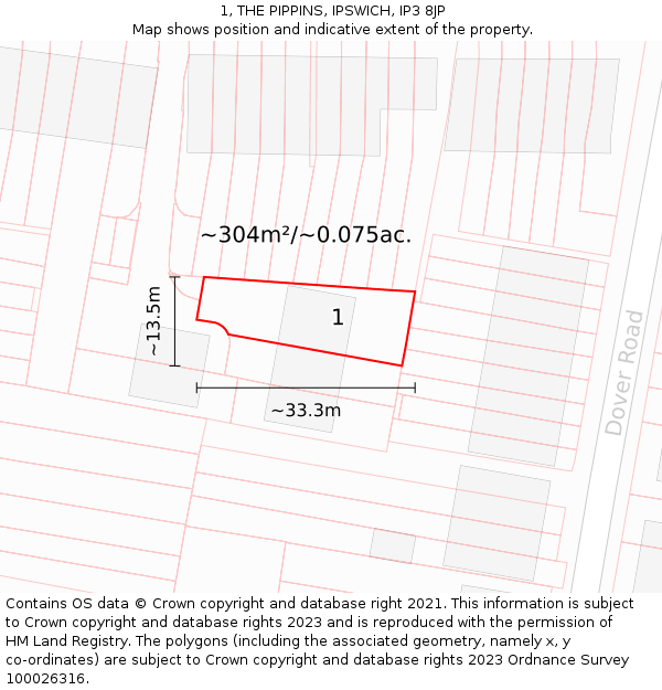 1, THE PIPPINS, IPSWICH, IP3 8JP: Plot and title map