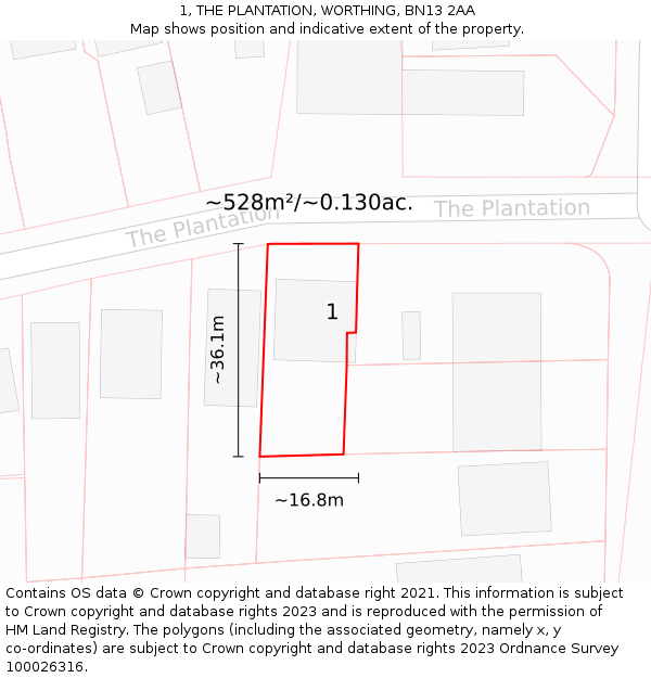 1, THE PLANTATION, WORTHING, BN13 2AA: Plot and title map