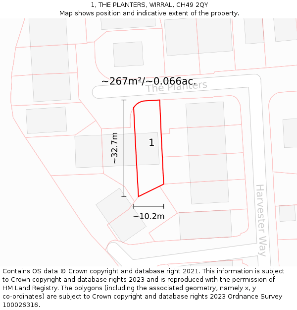 1, THE PLANTERS, WIRRAL, CH49 2QY: Plot and title map