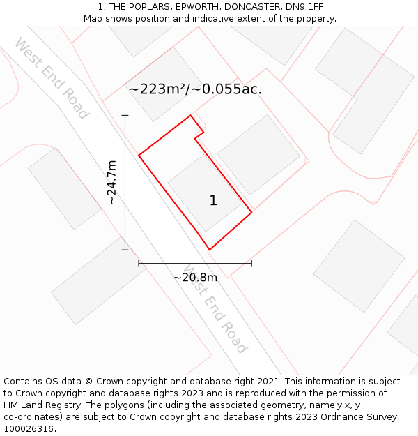 1, THE POPLARS, EPWORTH, DONCASTER, DN9 1FF: Plot and title map