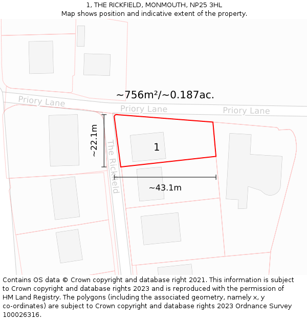 1, THE RICKFIELD, MONMOUTH, NP25 3HL: Plot and title map