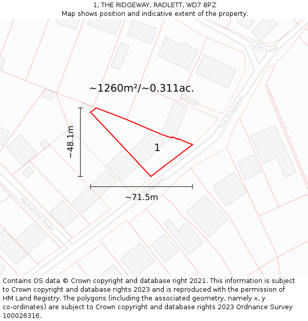 1, THE RIDGEWAY, RADLETT, WD7 8PZ: Plot and title map